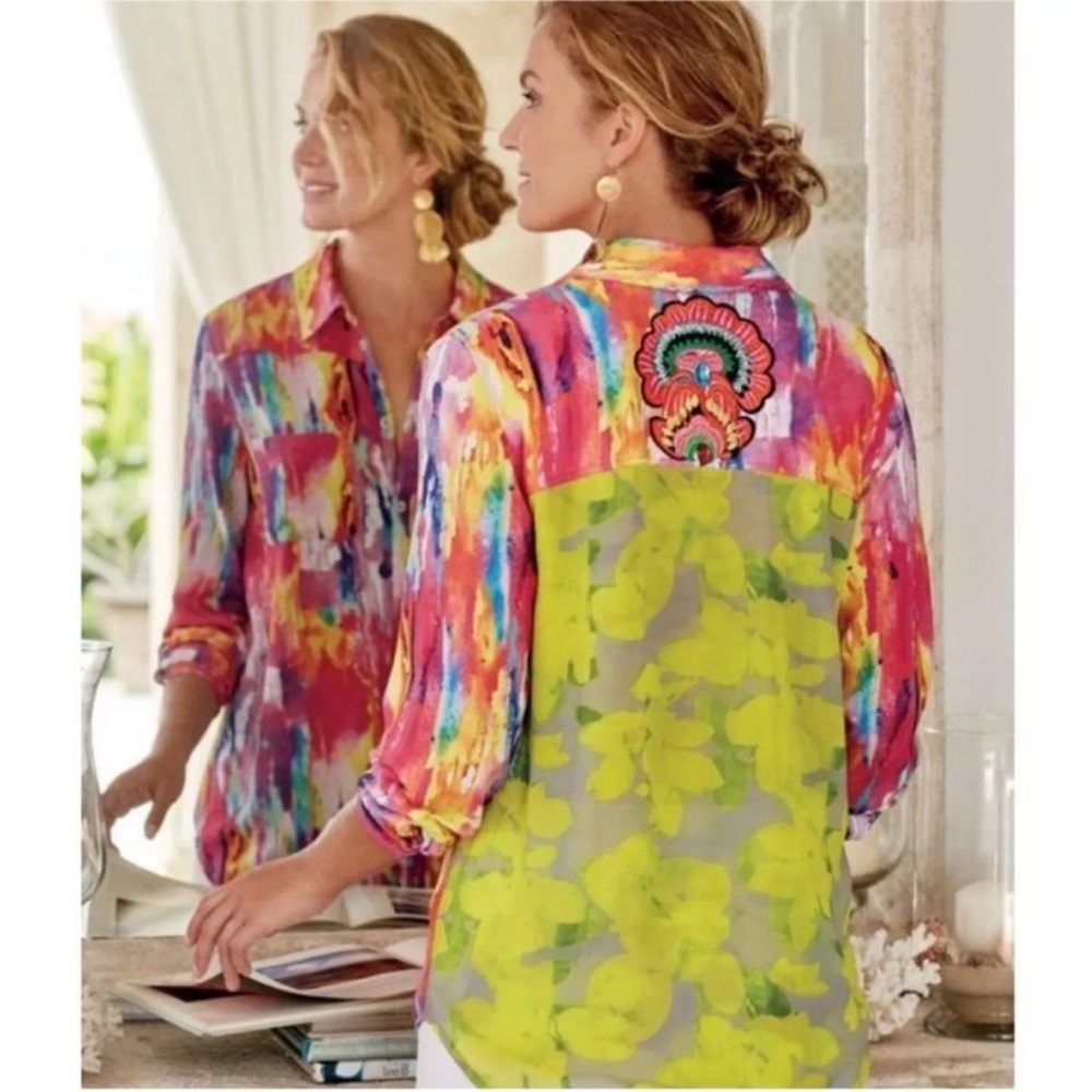 Soft Surroundings Festiva Colorful Embroidered Long Sleeves Button Down Shirt L
